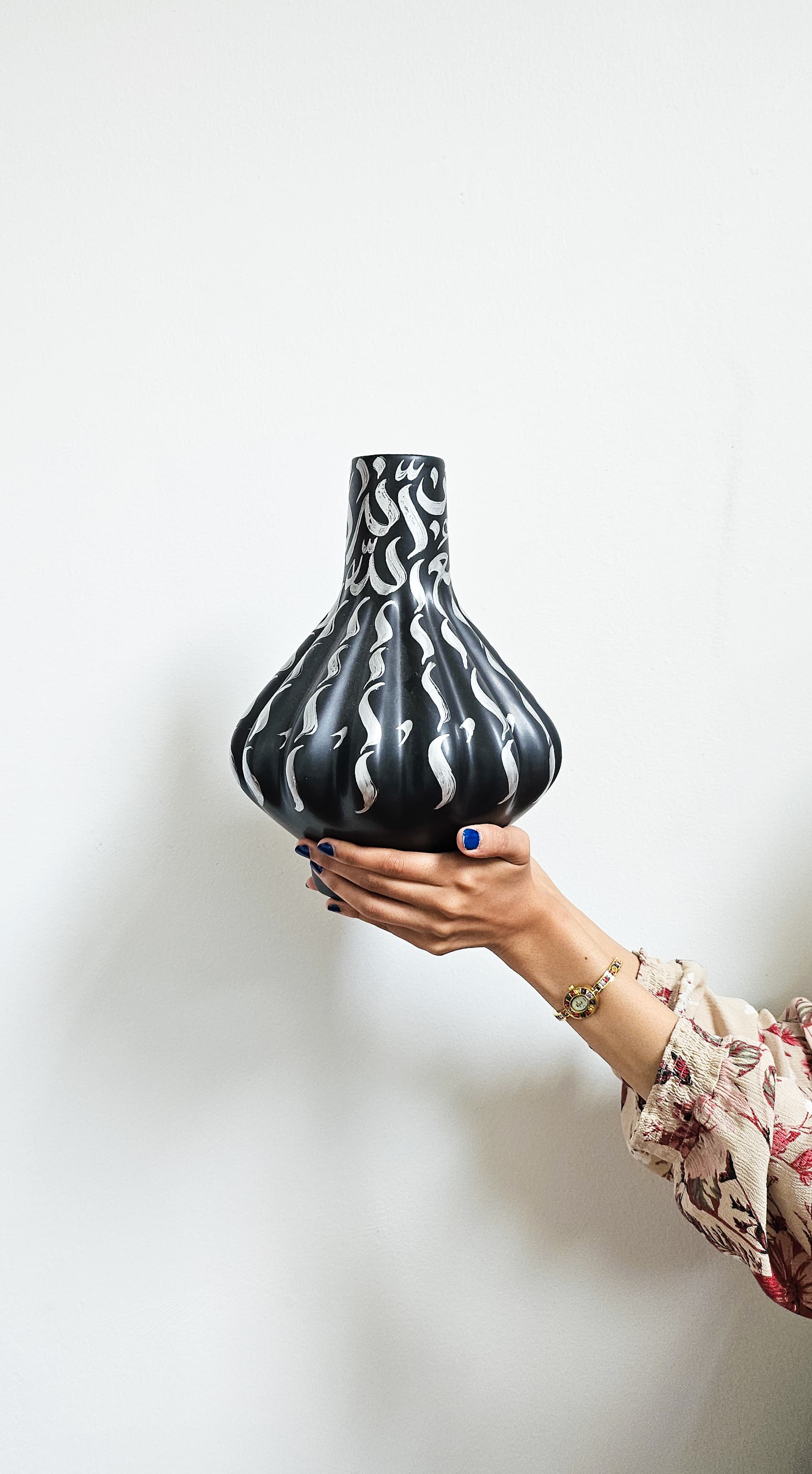 Hand Painted Vase - Silver on Black
