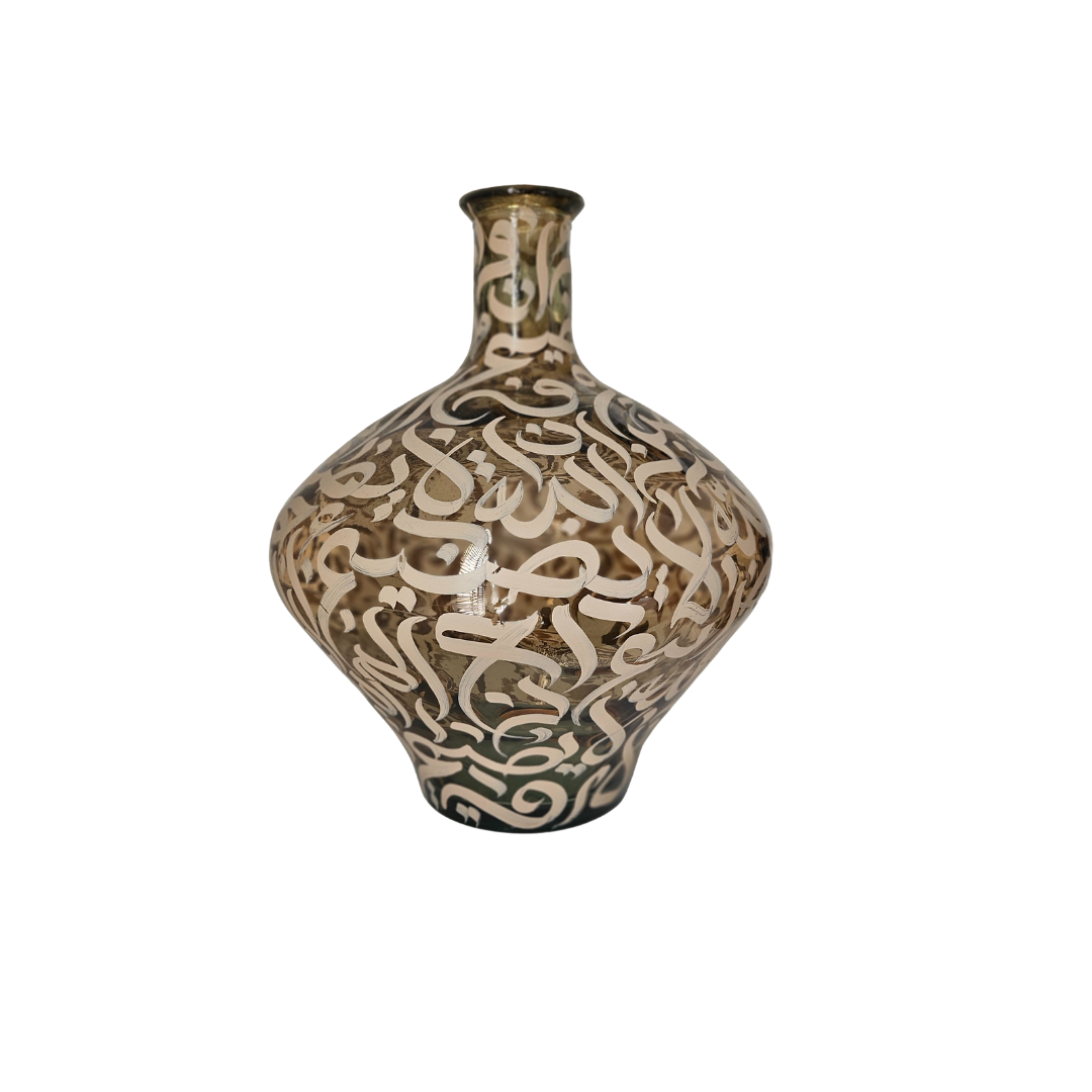 Hand Painted Vase - Beige on Amber Glass - XL Vase