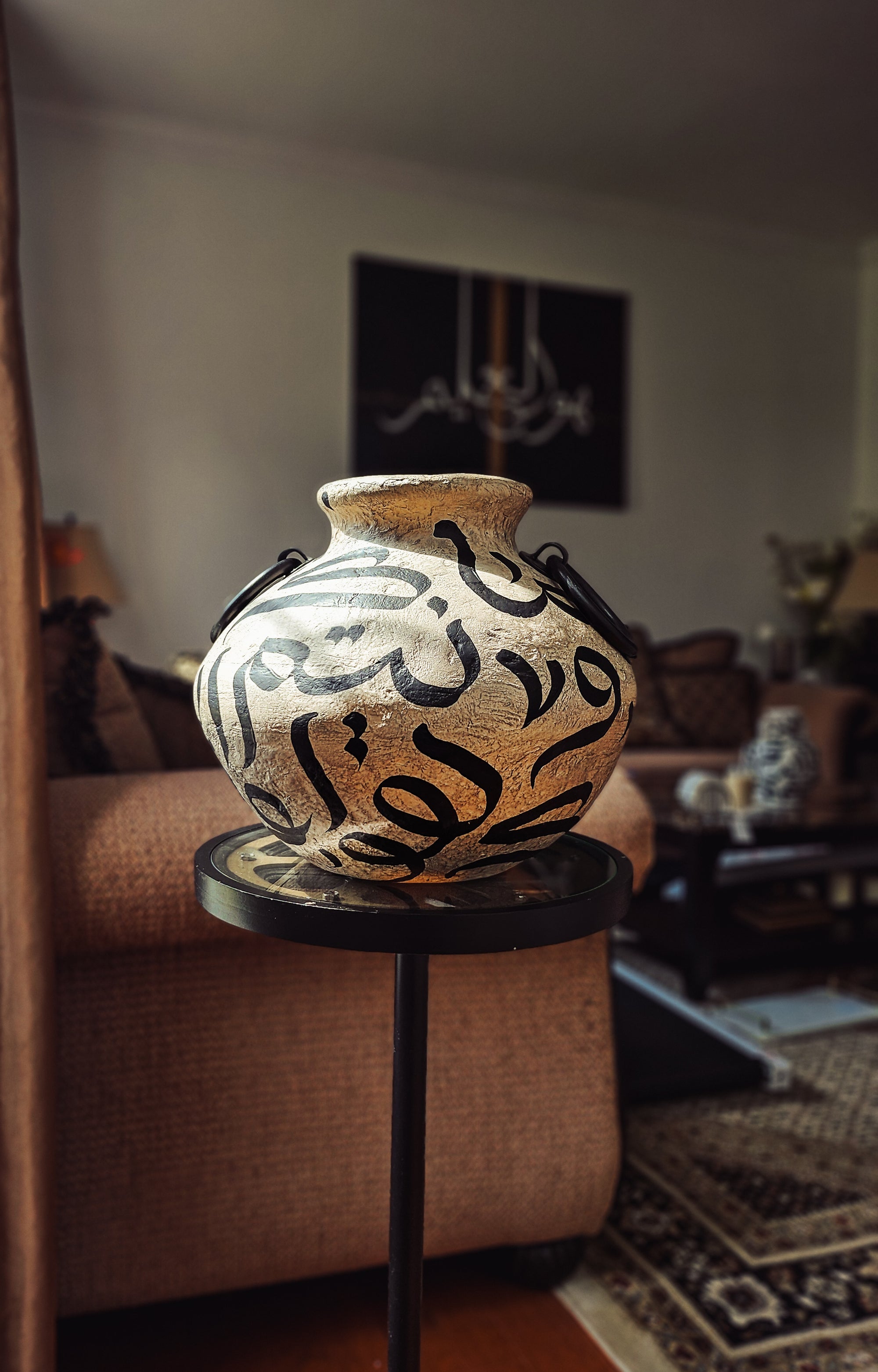 Hand Painted Vase - Black on Brown with Handles