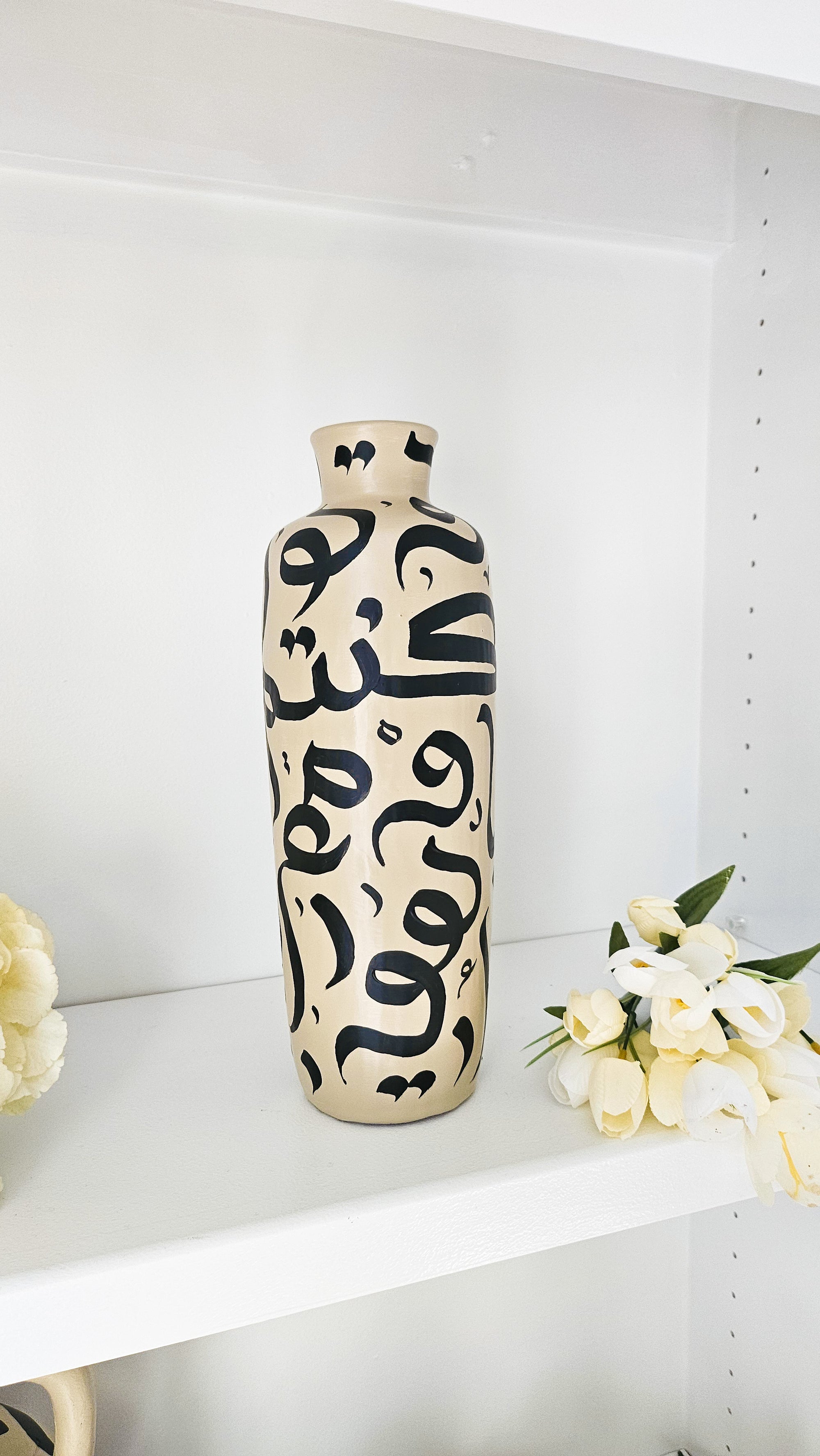 Hand Painted Vase - Black on Beige Tall Vase