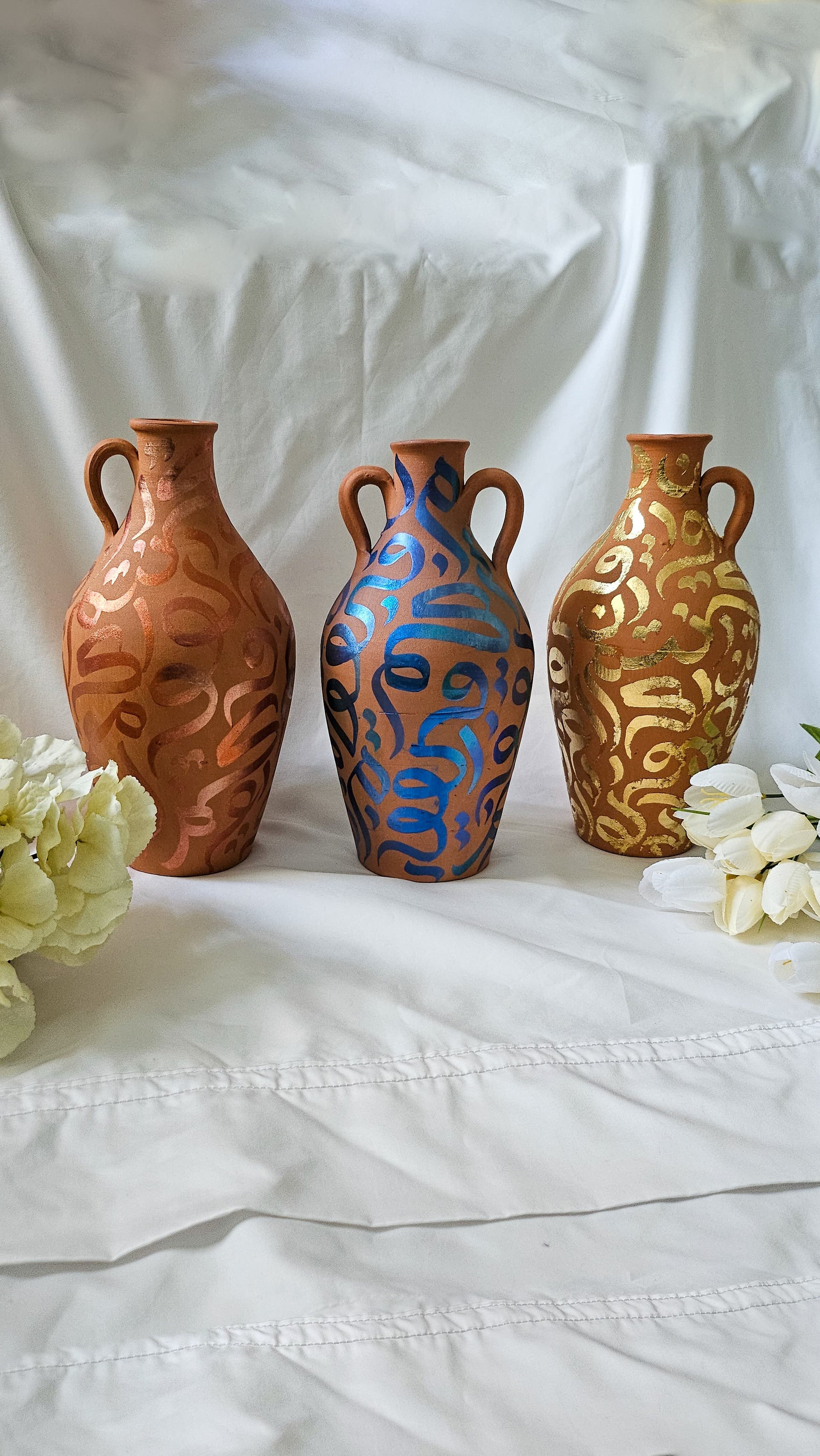Hand Painted Vase - Blue Metallic on Terracotta