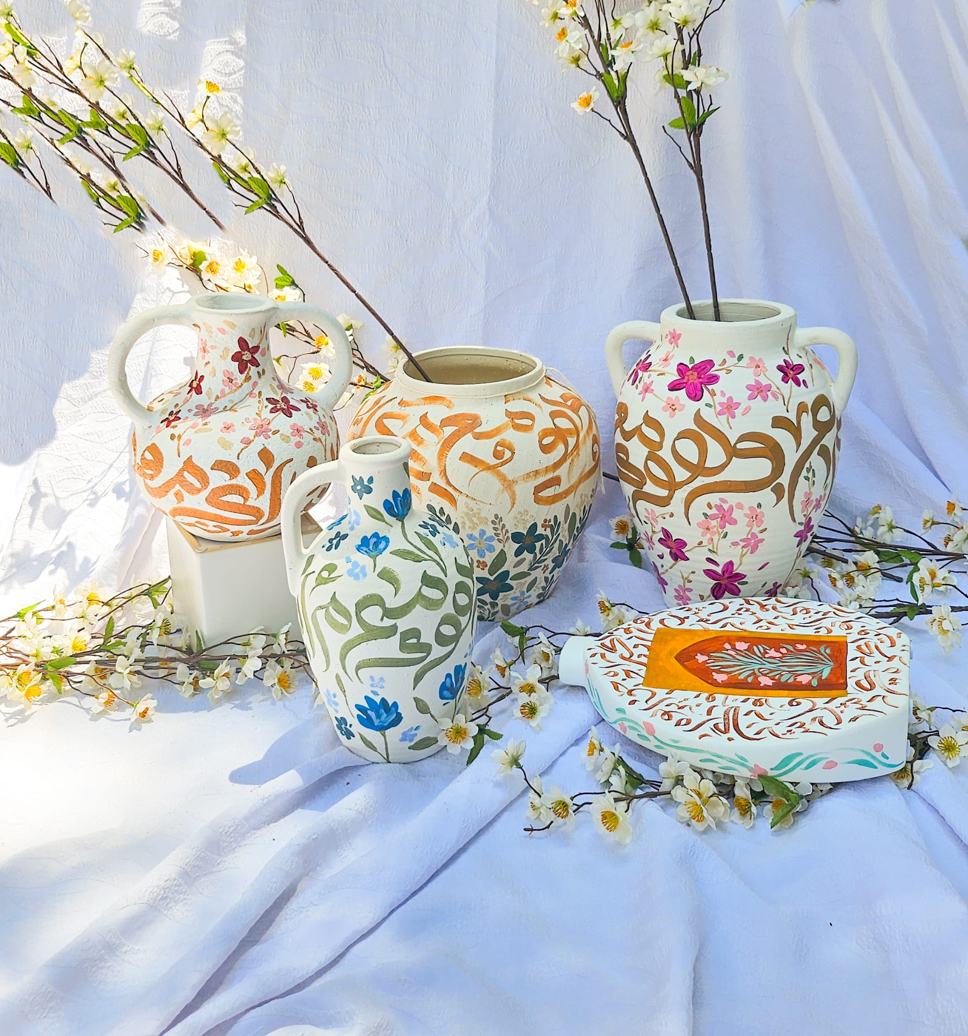 HAND PAINTED Vase with Florals| Arabic Calligraphy Home Decor