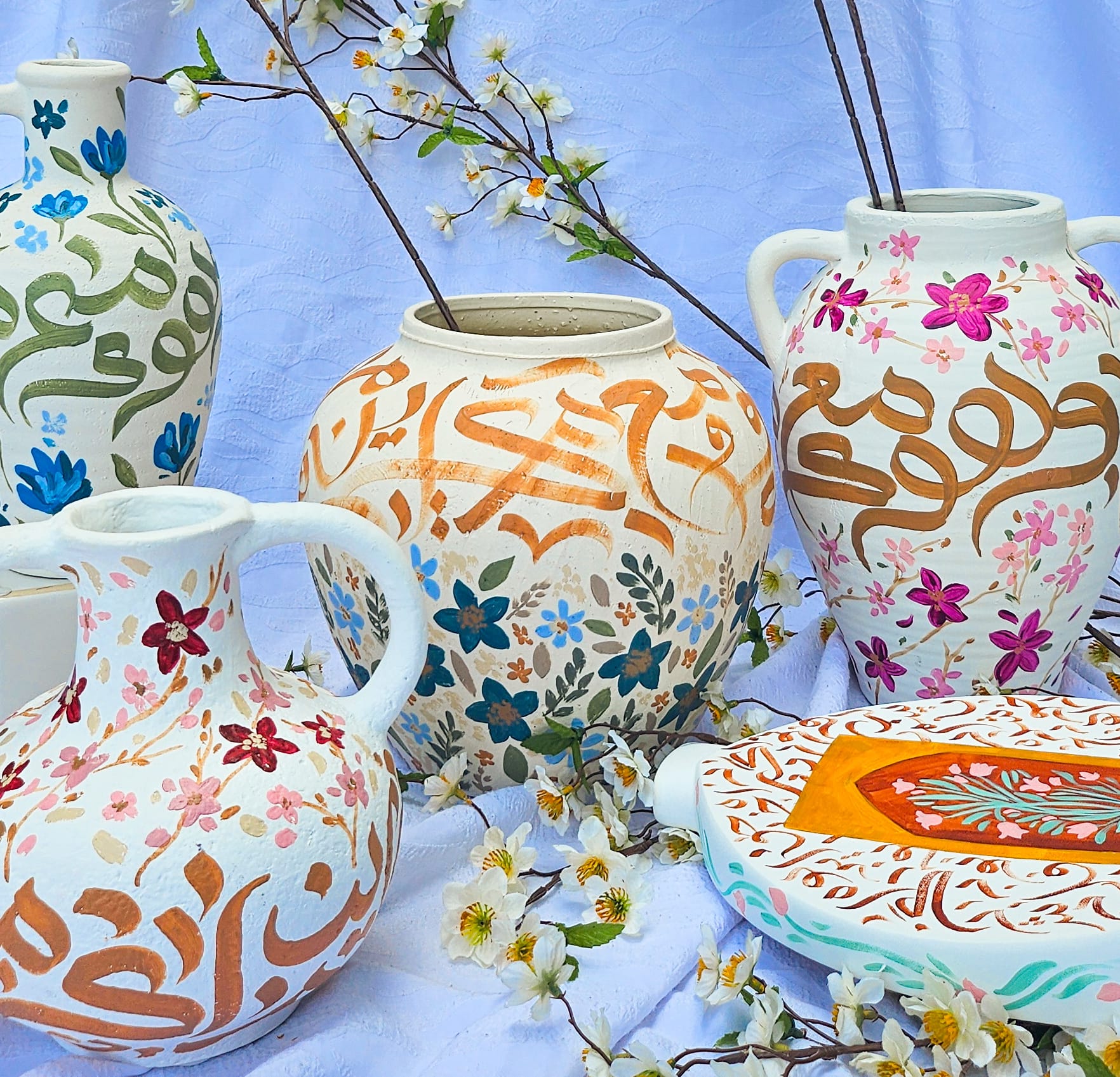 HAND PAINTED Vase with Florals| Arabic Calligraphy Home Decor
