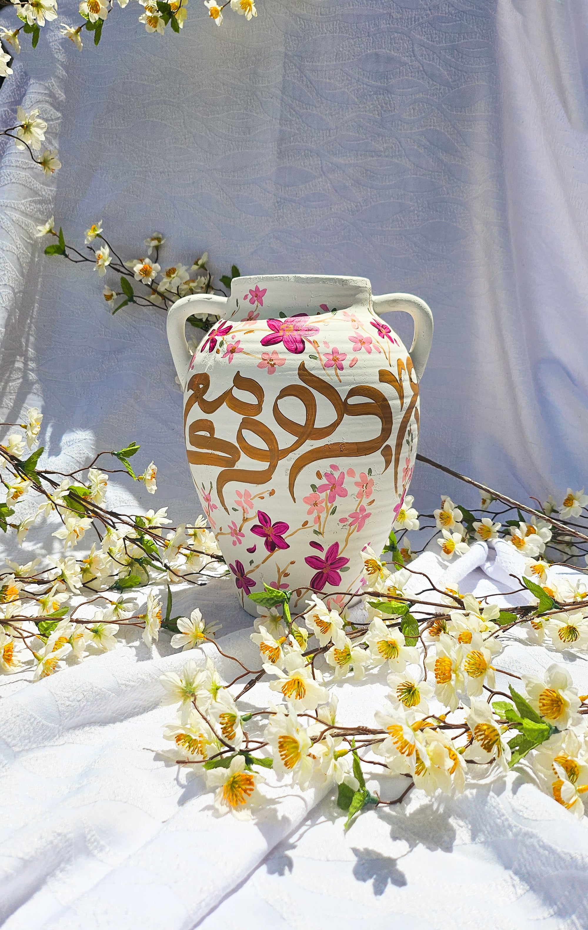HAND PAINTED Vase with Florals| Arabic Calligraphy Home Decor