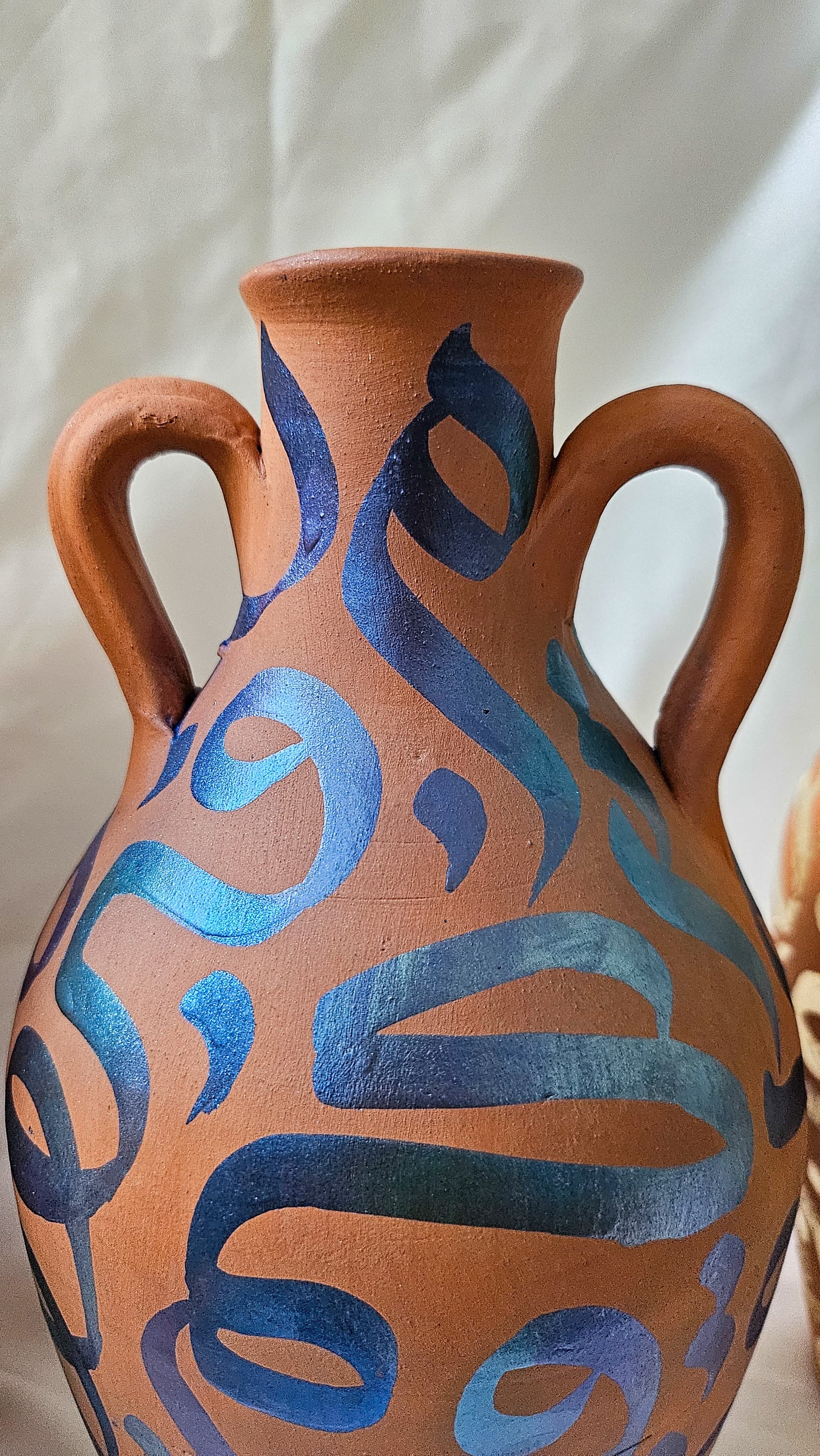 Hand Painted Vase - Blue Metallic on Terracotta