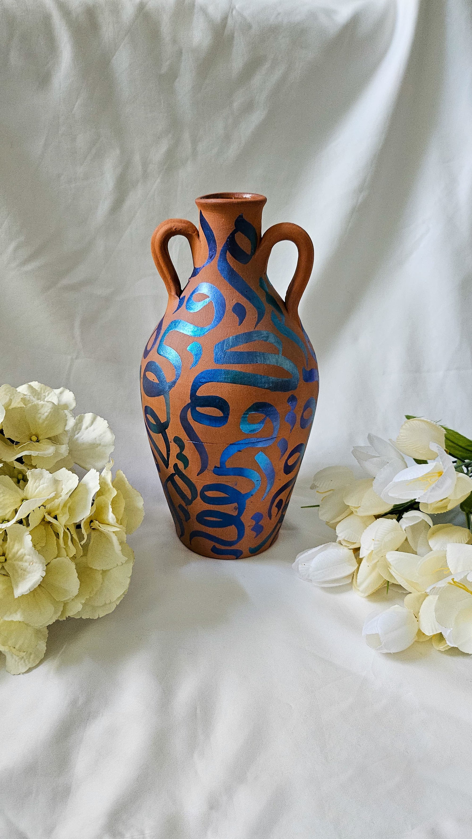 Hand Painted Vase - Blue Metallic on Terracotta