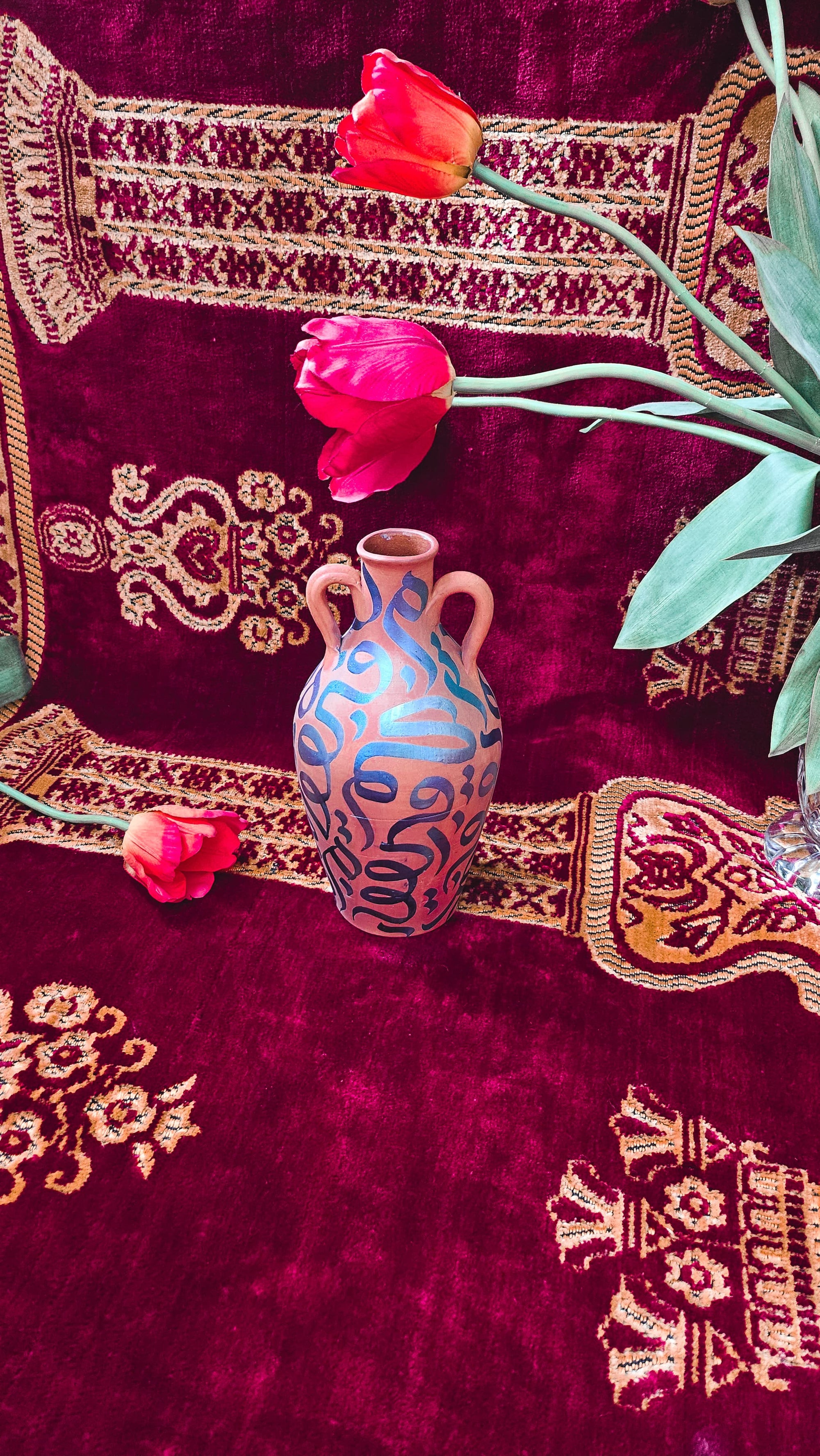 Hand Painted Vase - Blue Metallic on Terracotta