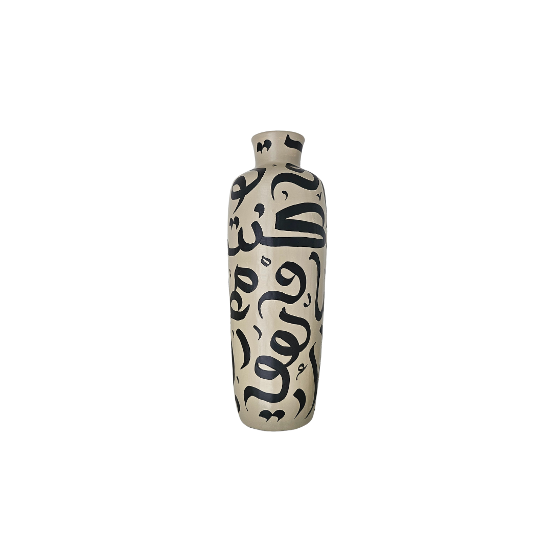 Hand Painted Vase - Black on Beige Tall Vase
