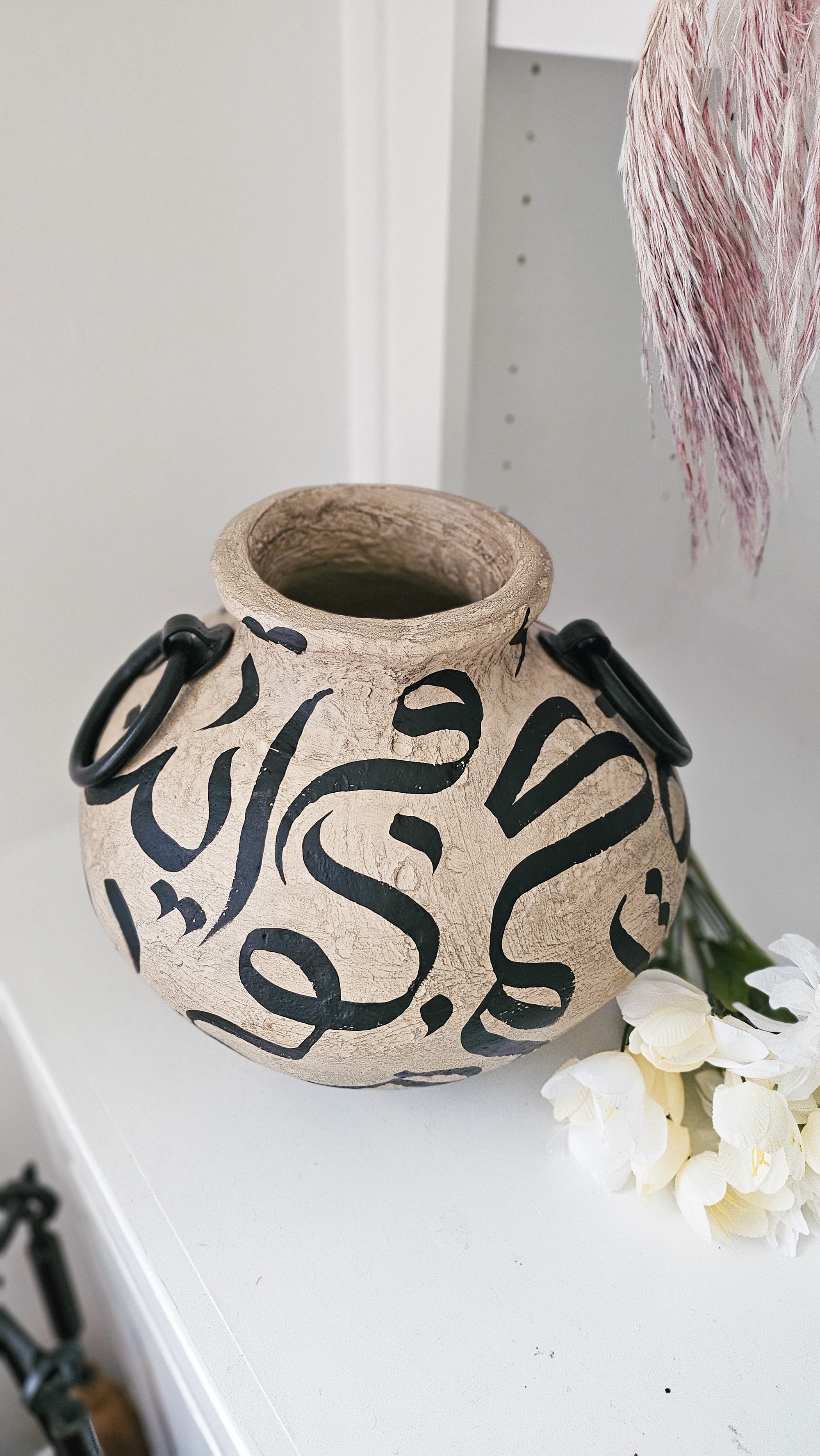 Hand Painted Vase - Black on Brown with Handles