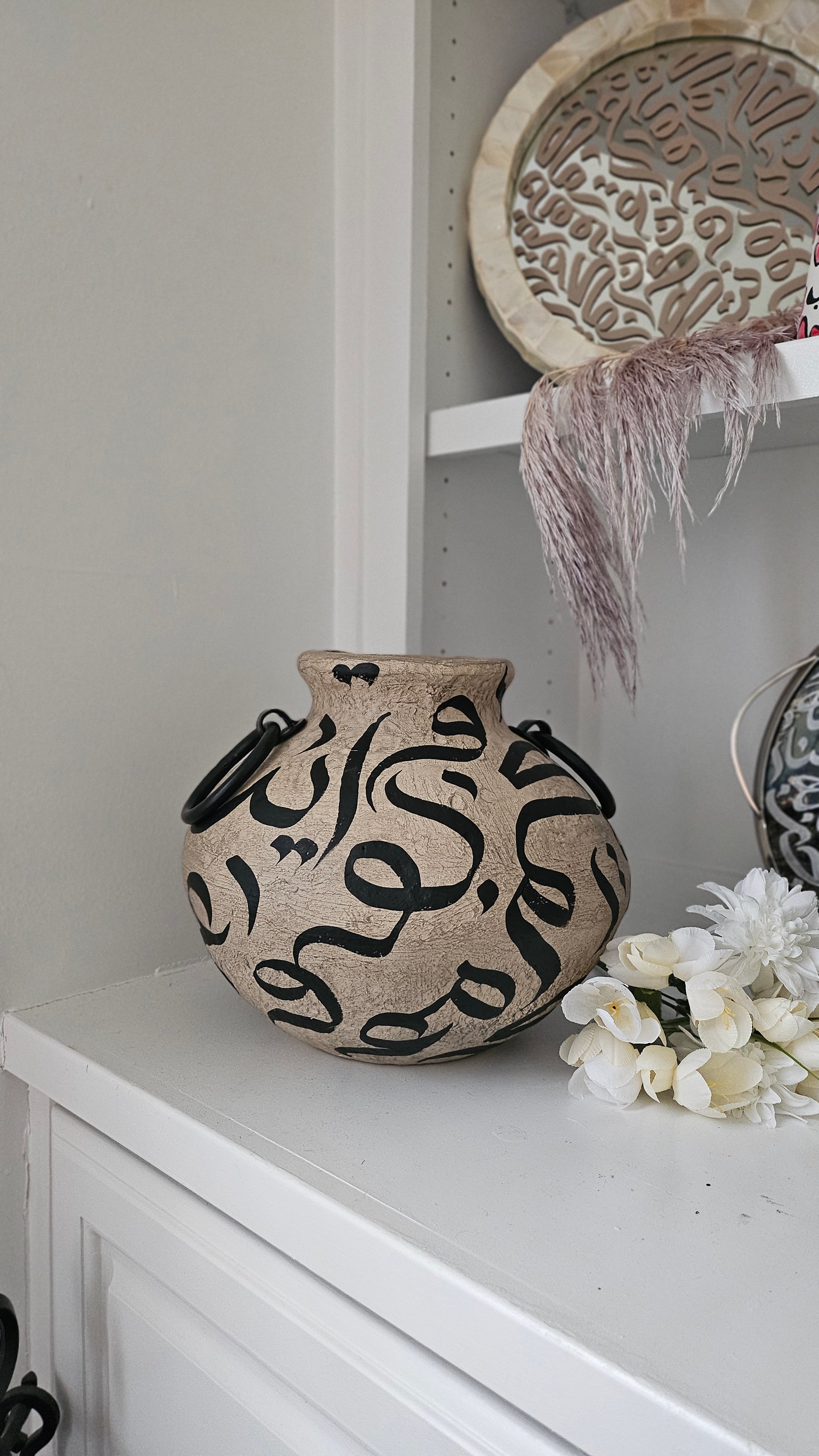 Hand Painted Vase - Black on Brown with Handles