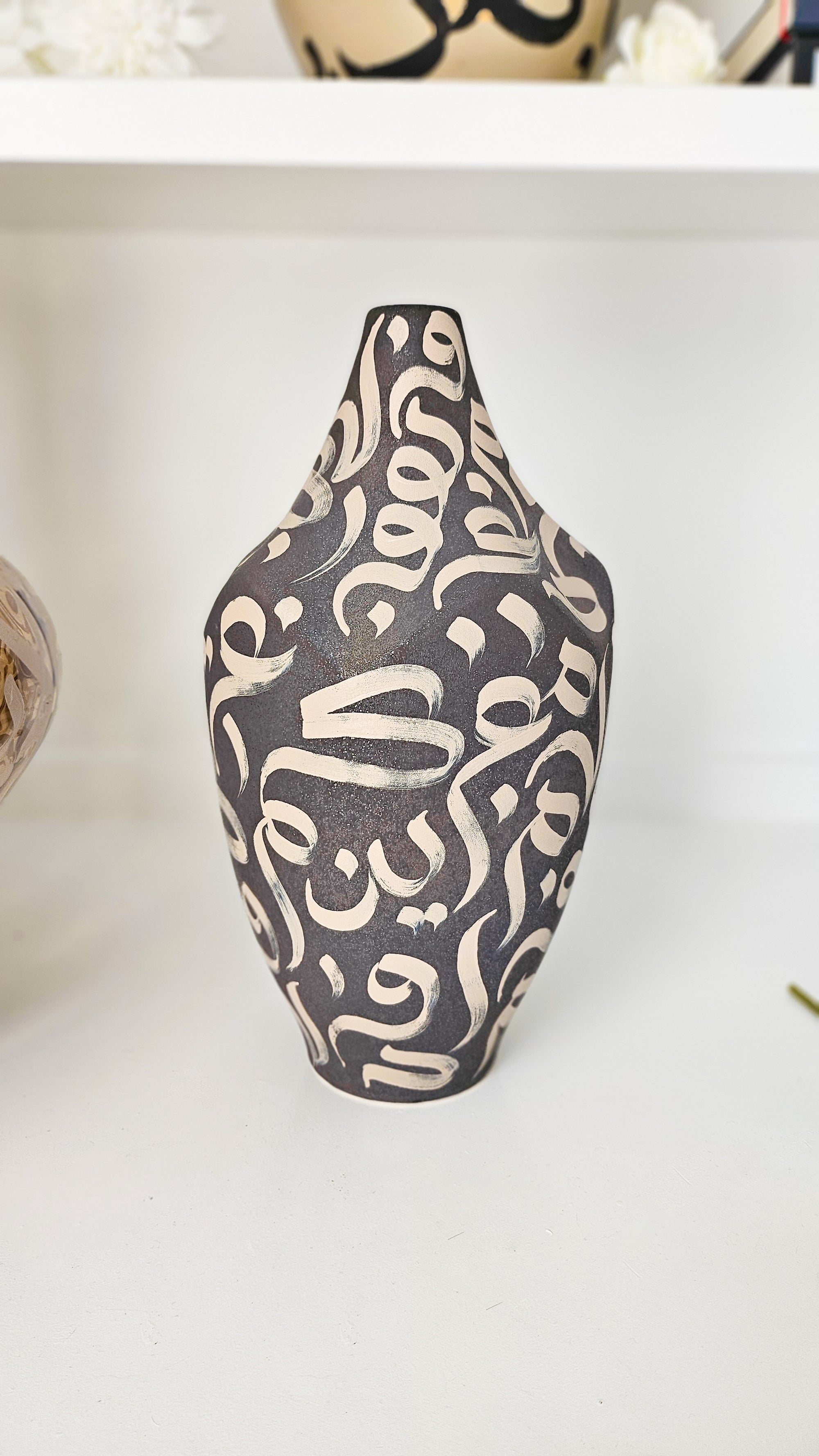Hand Painted Vase - Beige on Black