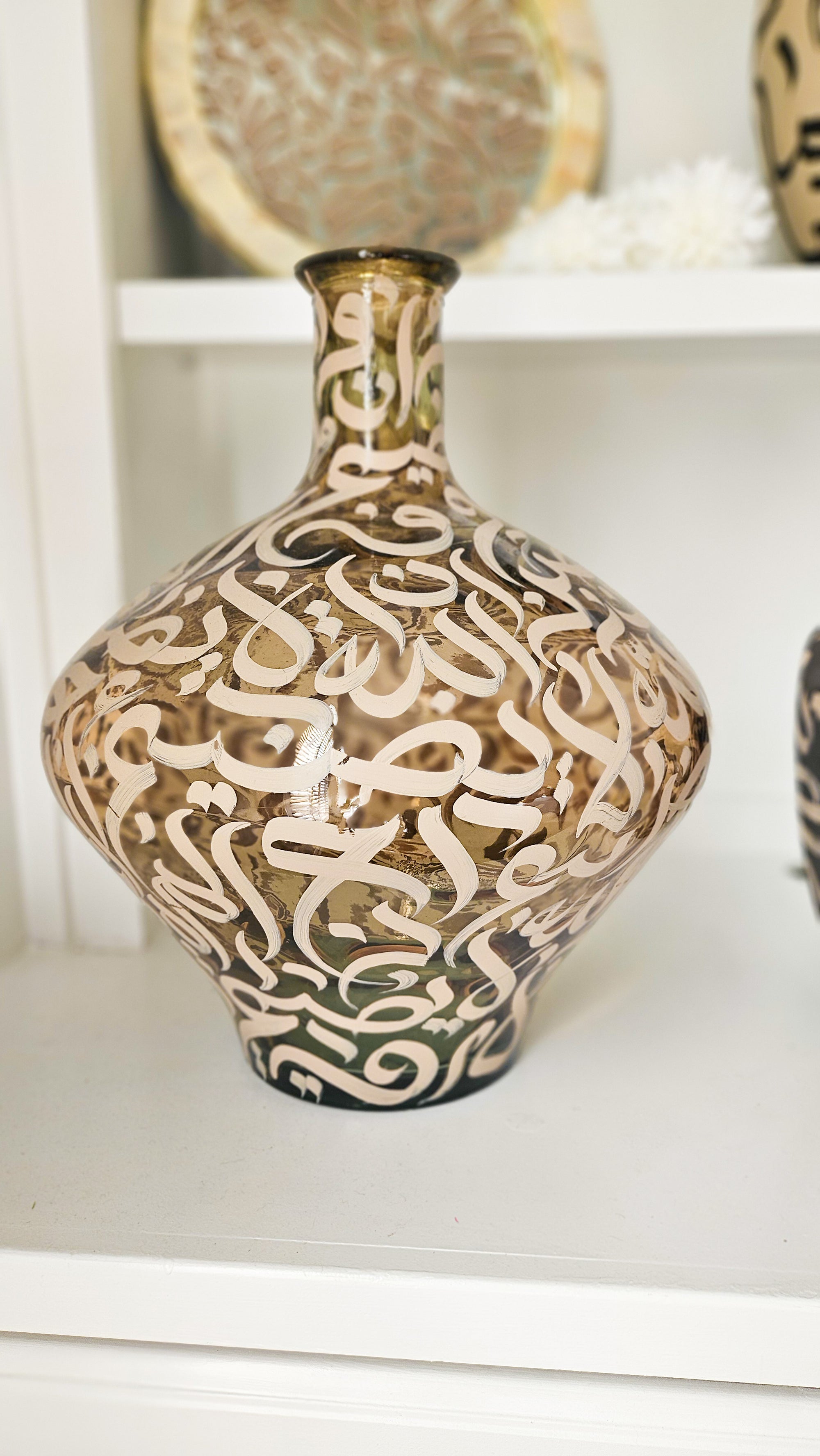 Hand Painted Vase - Beige on Amber Glass - XL Vase